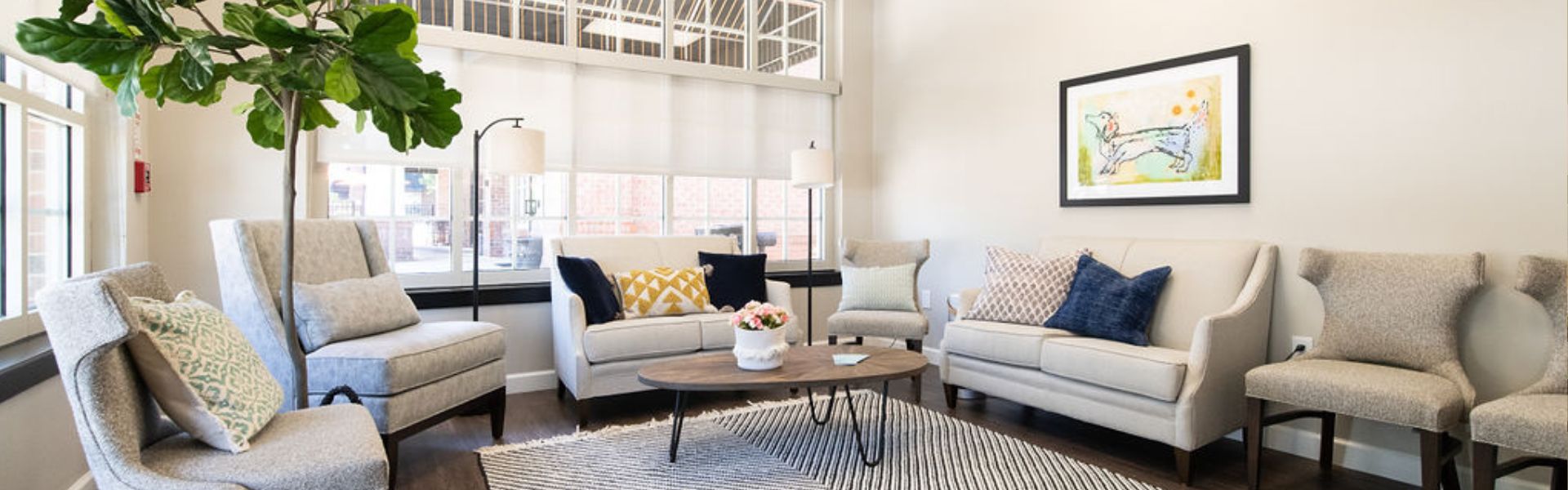 A bright, modern living room or lounge area with large windows, light-colored sectional seating arranged around a coffee table, decorative pillows, a large potted plant, and framed artwork on white walls.