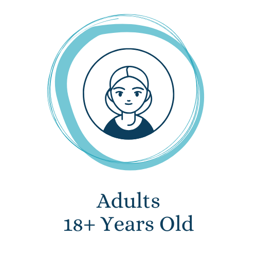 Icon of a young adult with a bun hairstyle inside a blue circular brushstroke. Below the image is the text: "Adults 18+ Years Old"