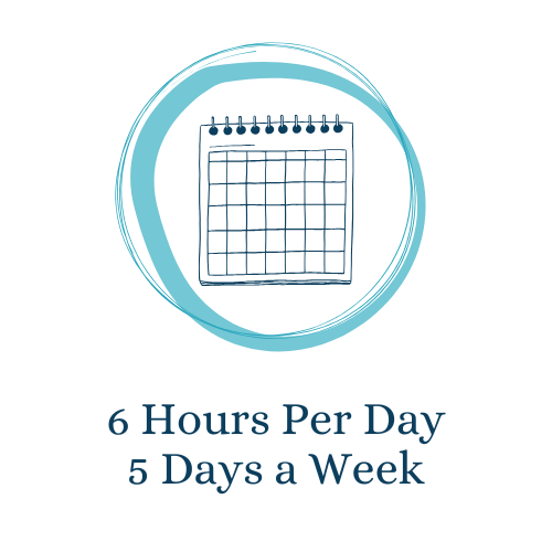 Hand-drawn calendar icon inside a blue circular brushstroke, symbolizing the hours and availability of our mental health program: 6 hours per day, 5 days per week.
