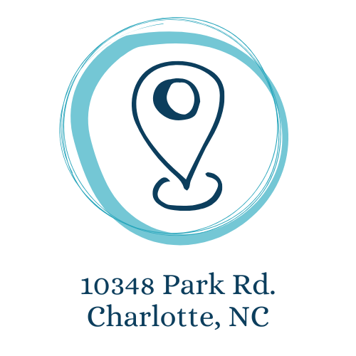Icon of a location pin inside a blue circular brushstroke. The pin symbolizes the physical location of our mental health program at 10348 Park Rd, Charlotte, NC.